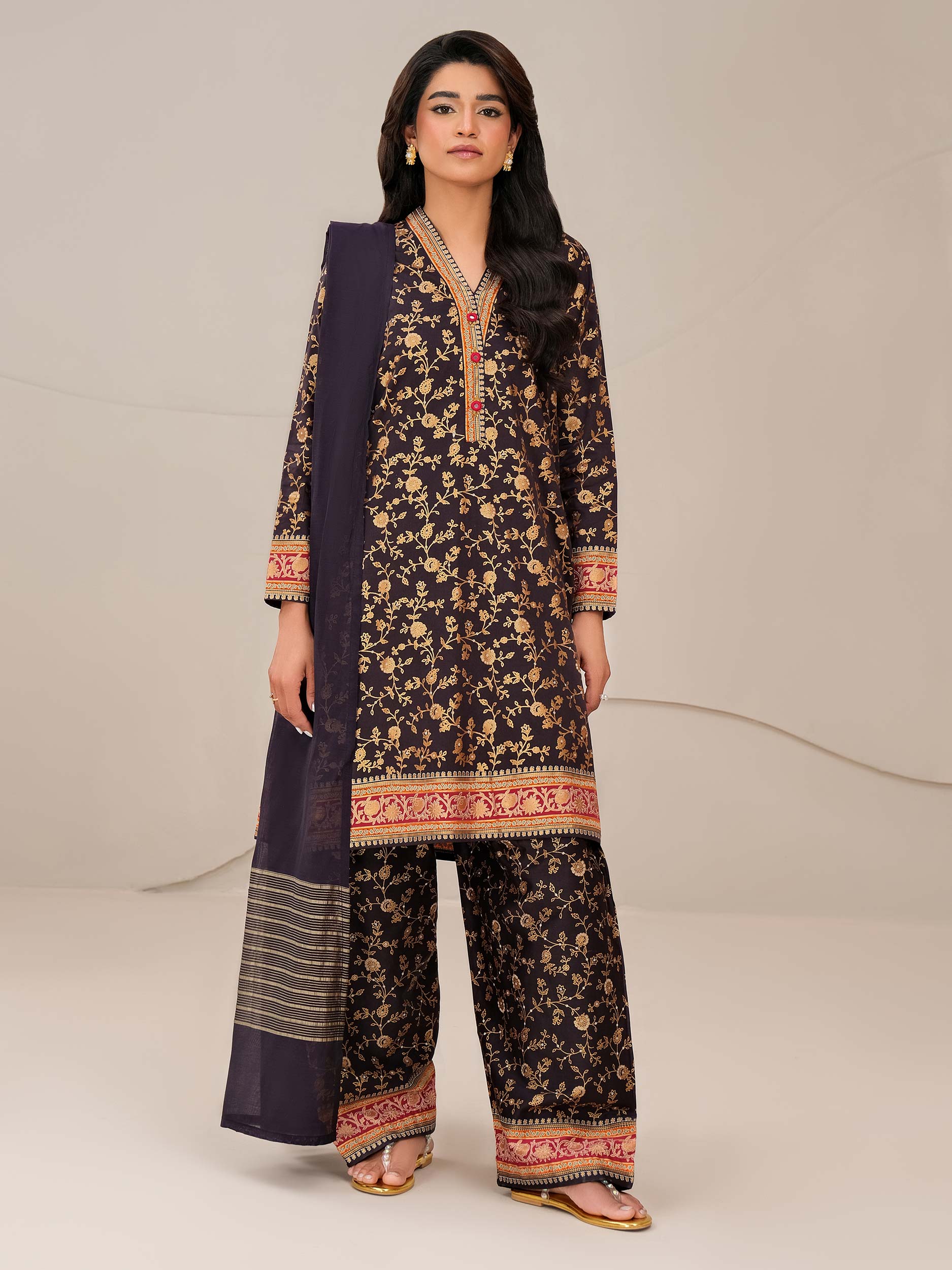 3 Piece Satin Suit-Paste Print (Unstitched)