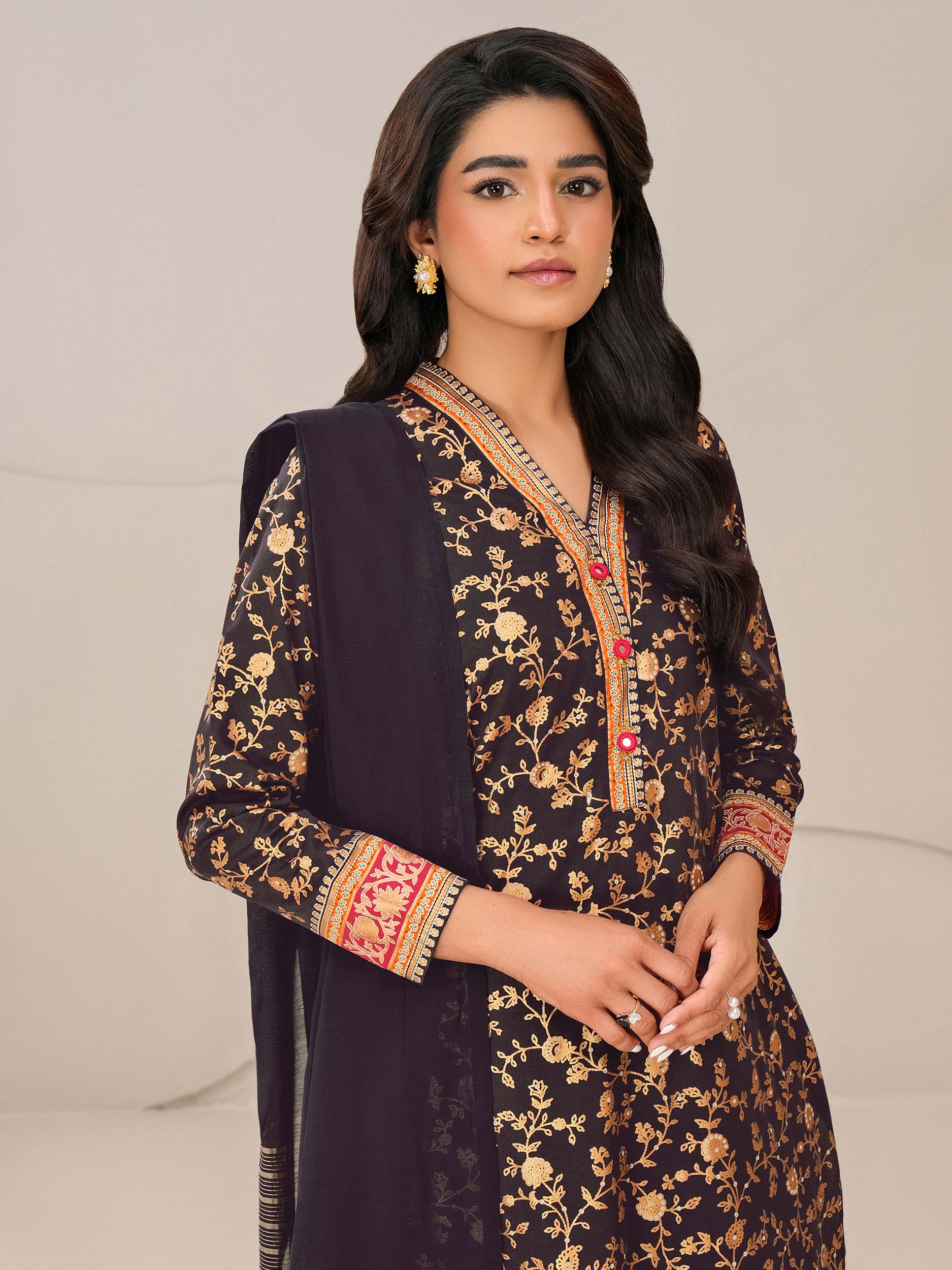 3 Piece Satin Suit-Paste Print (Unstitched)