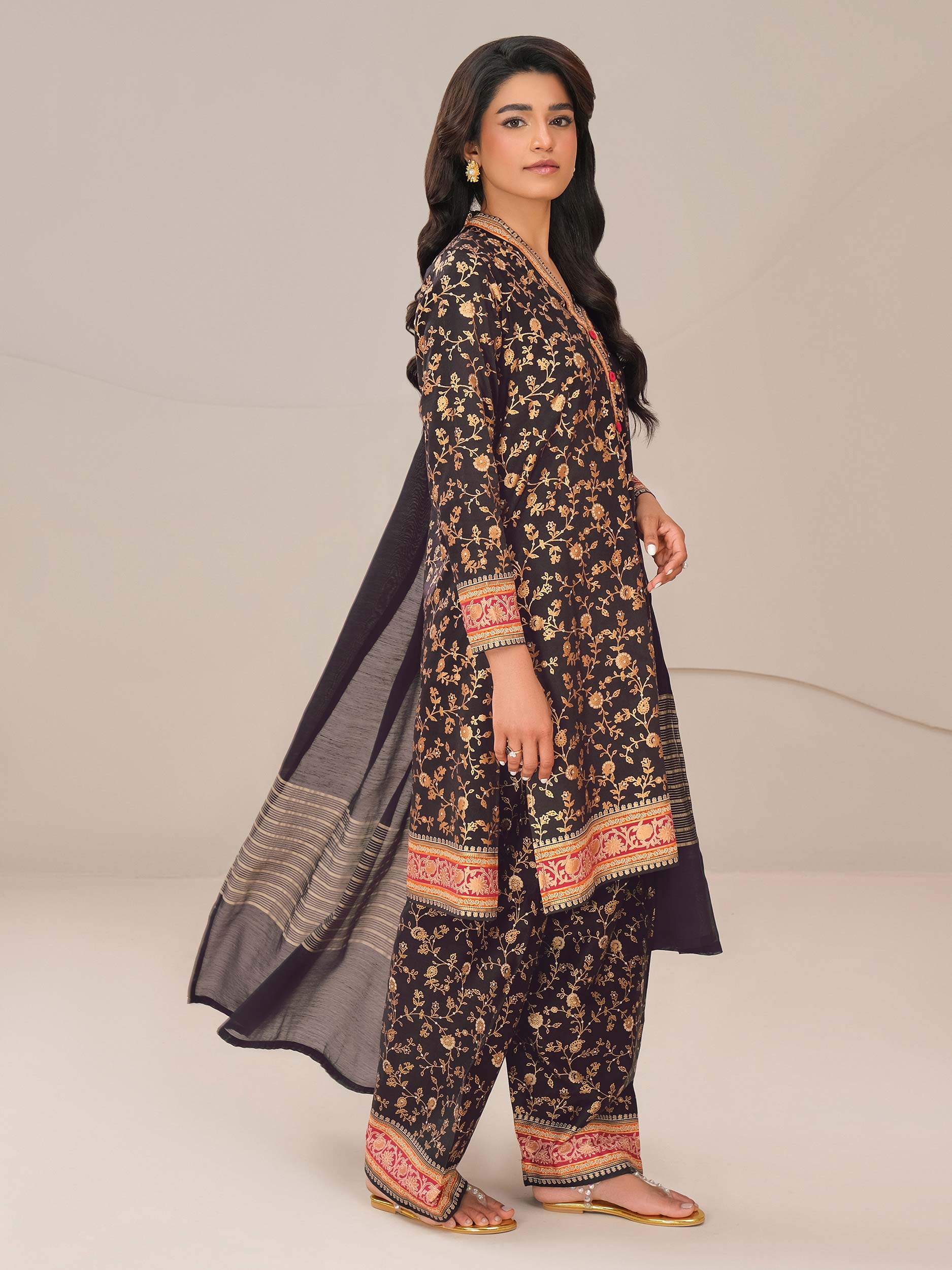 3 Piece Satin Suit-Paste Print (Unstitched)