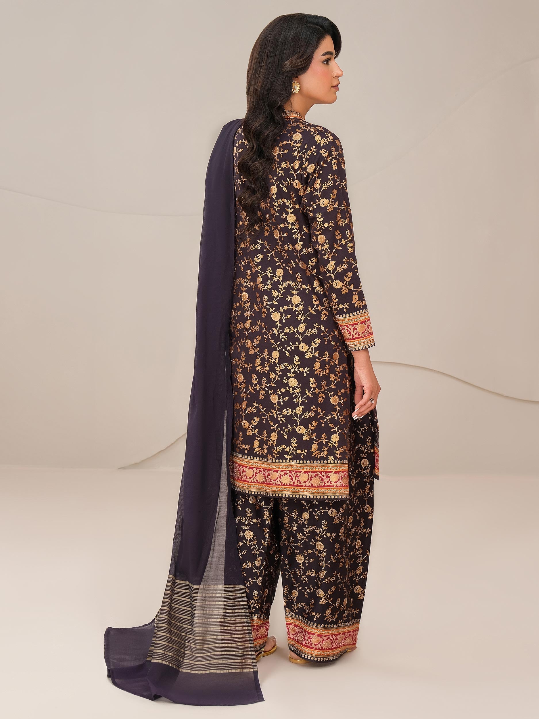 3 Piece Satin Suit-Paste Print (Unstitched)