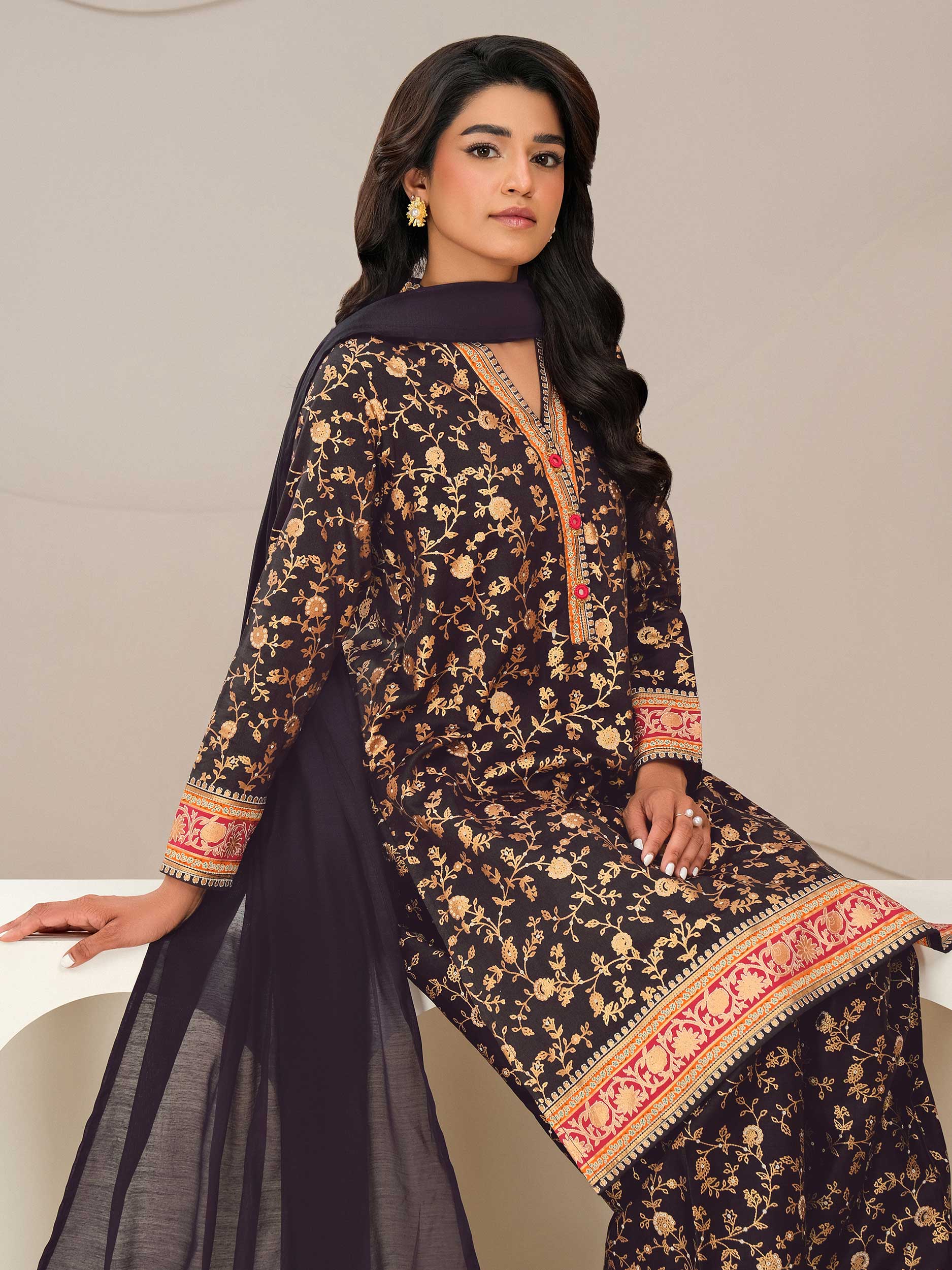 3 Piece Satin Suit-Paste Print (Unstitched)