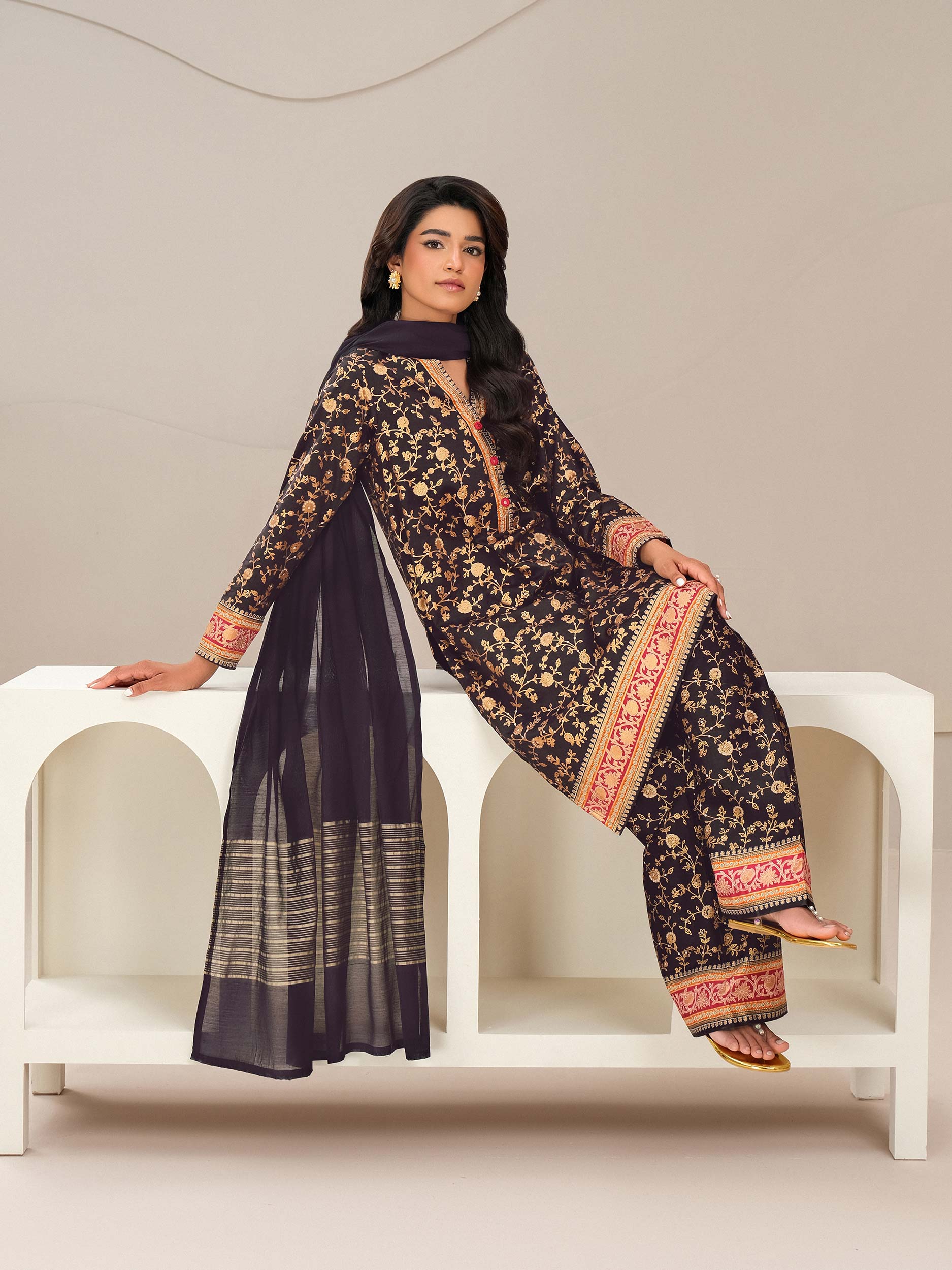 3 Piece Satin Suit-Paste Print (Unstitched)