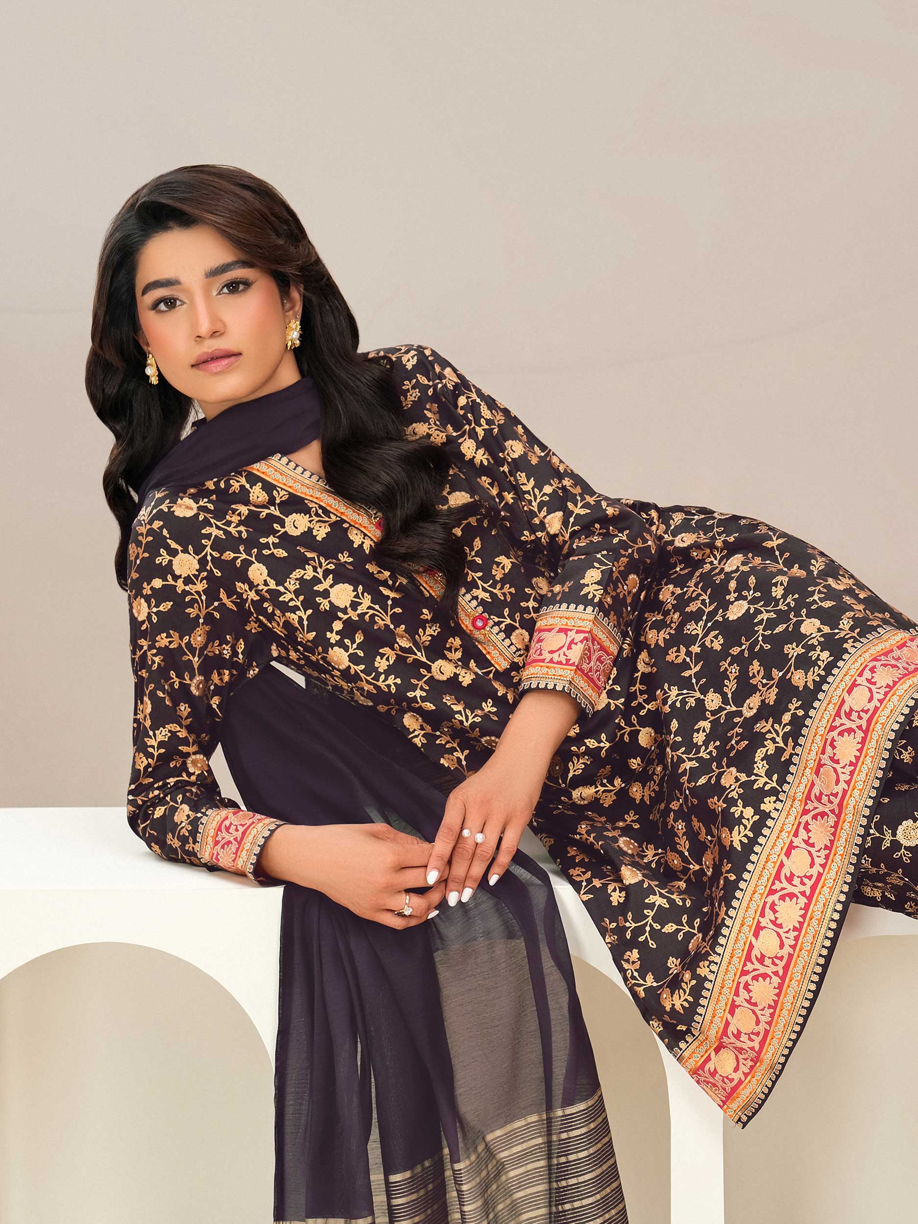 3 Piece Satin Suit-Paste Print (Unstitched)