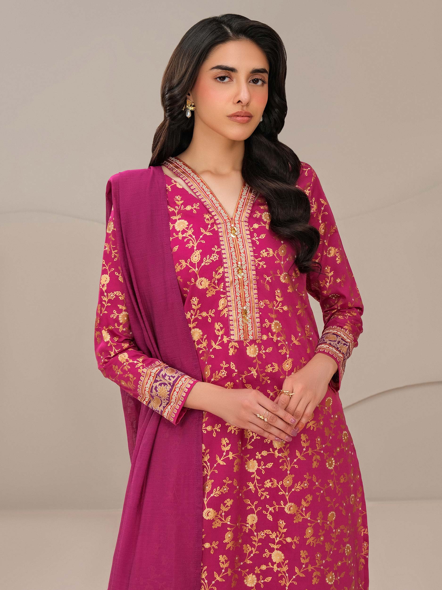 3 Piece Satin Suit-Paste Print (Unstitched)