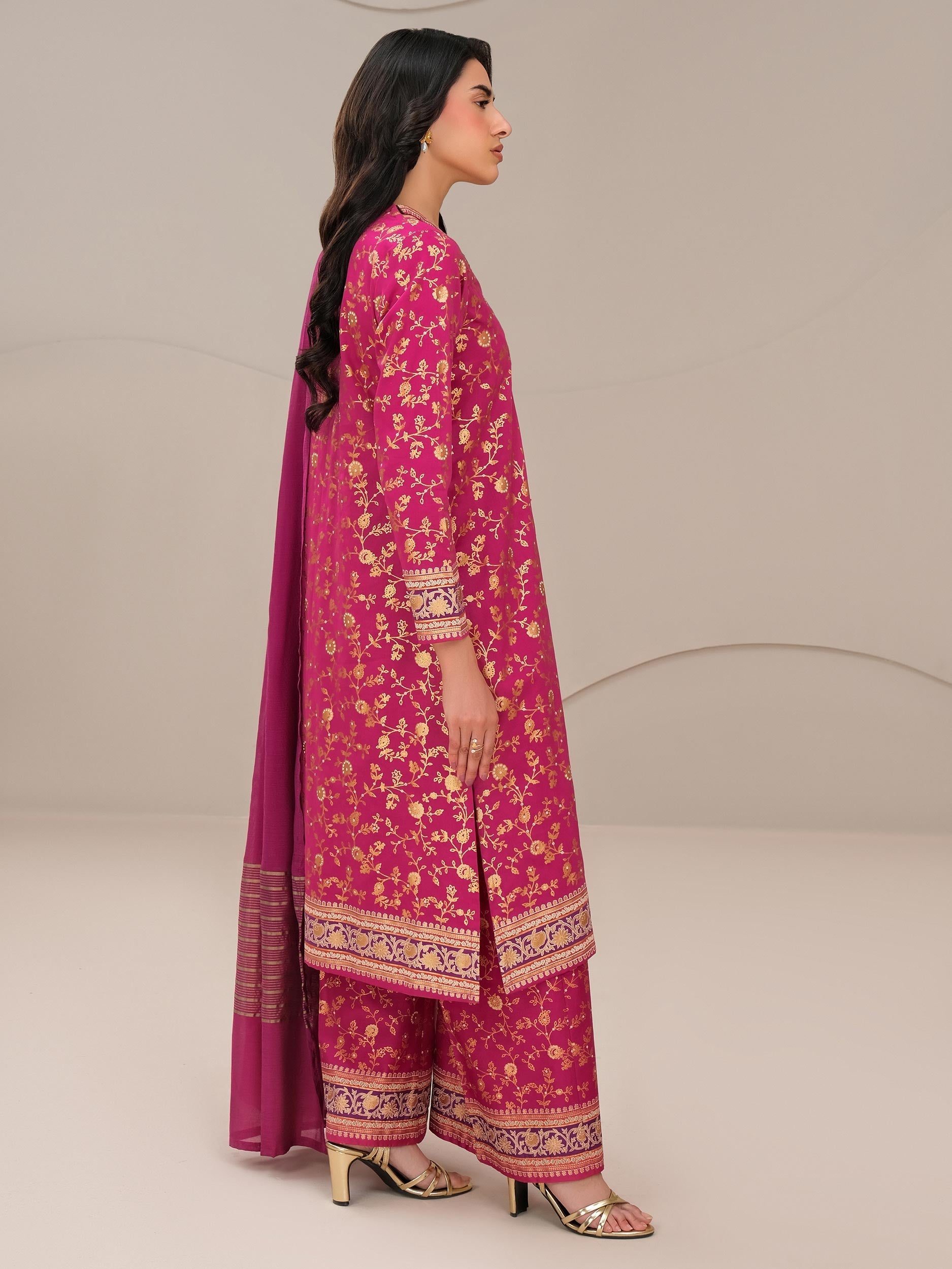 3 Piece Satin Suit-Paste Print (Unstitched)