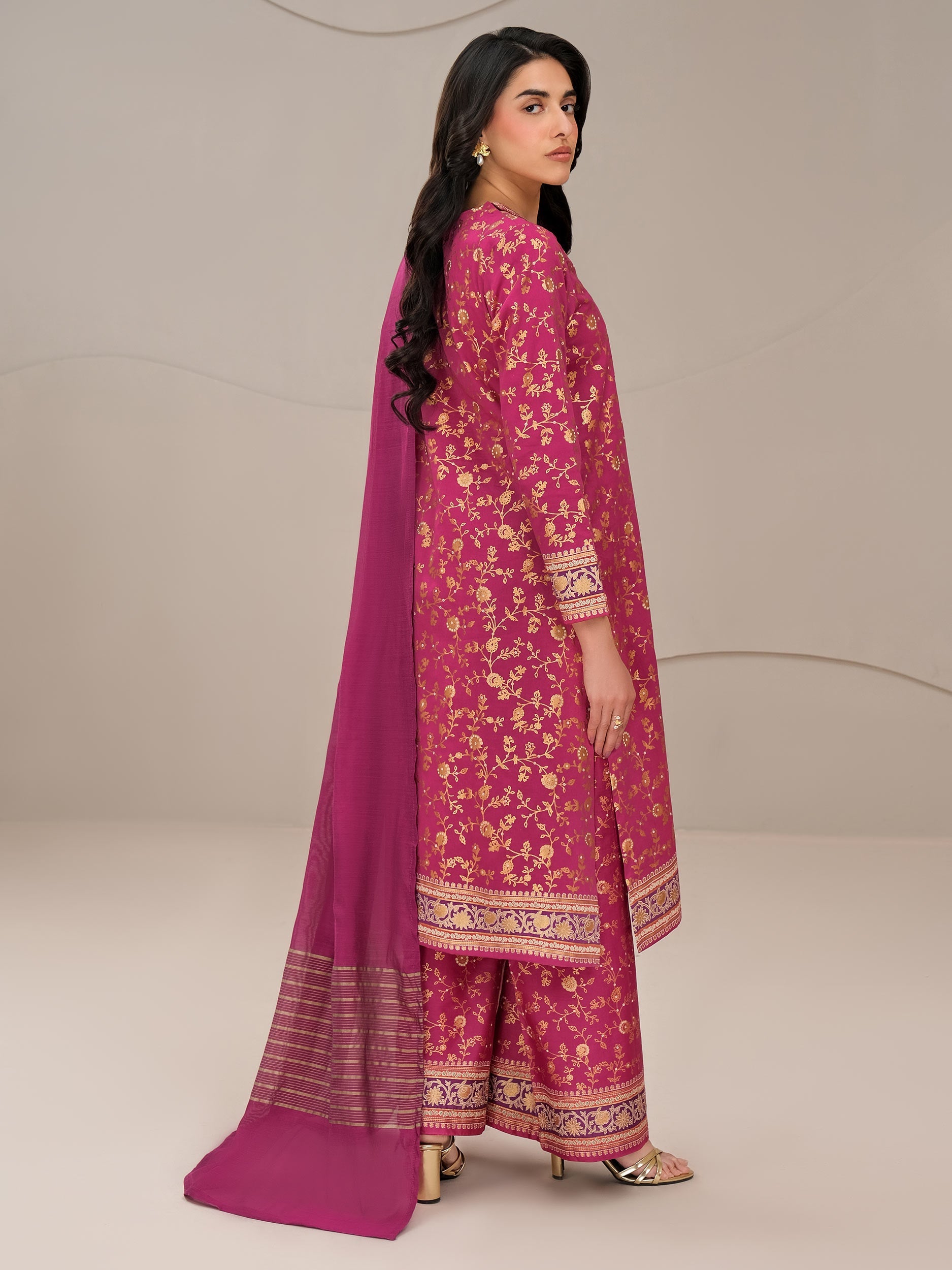 3 Piece Satin Suit-Paste Print (Unstitched)