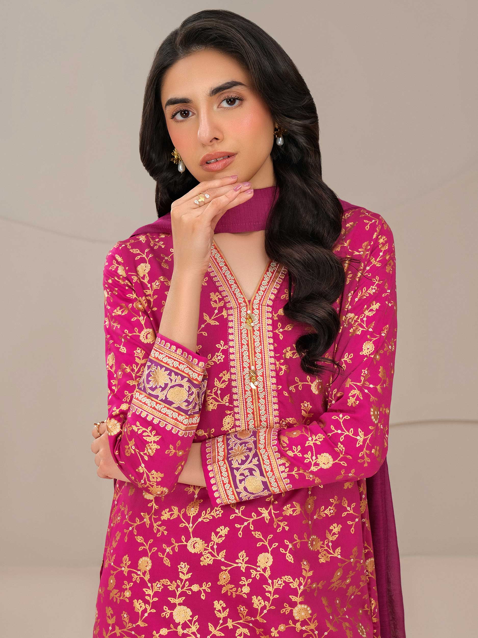 3 Piece Satin Suit-Paste Print (Unstitched)