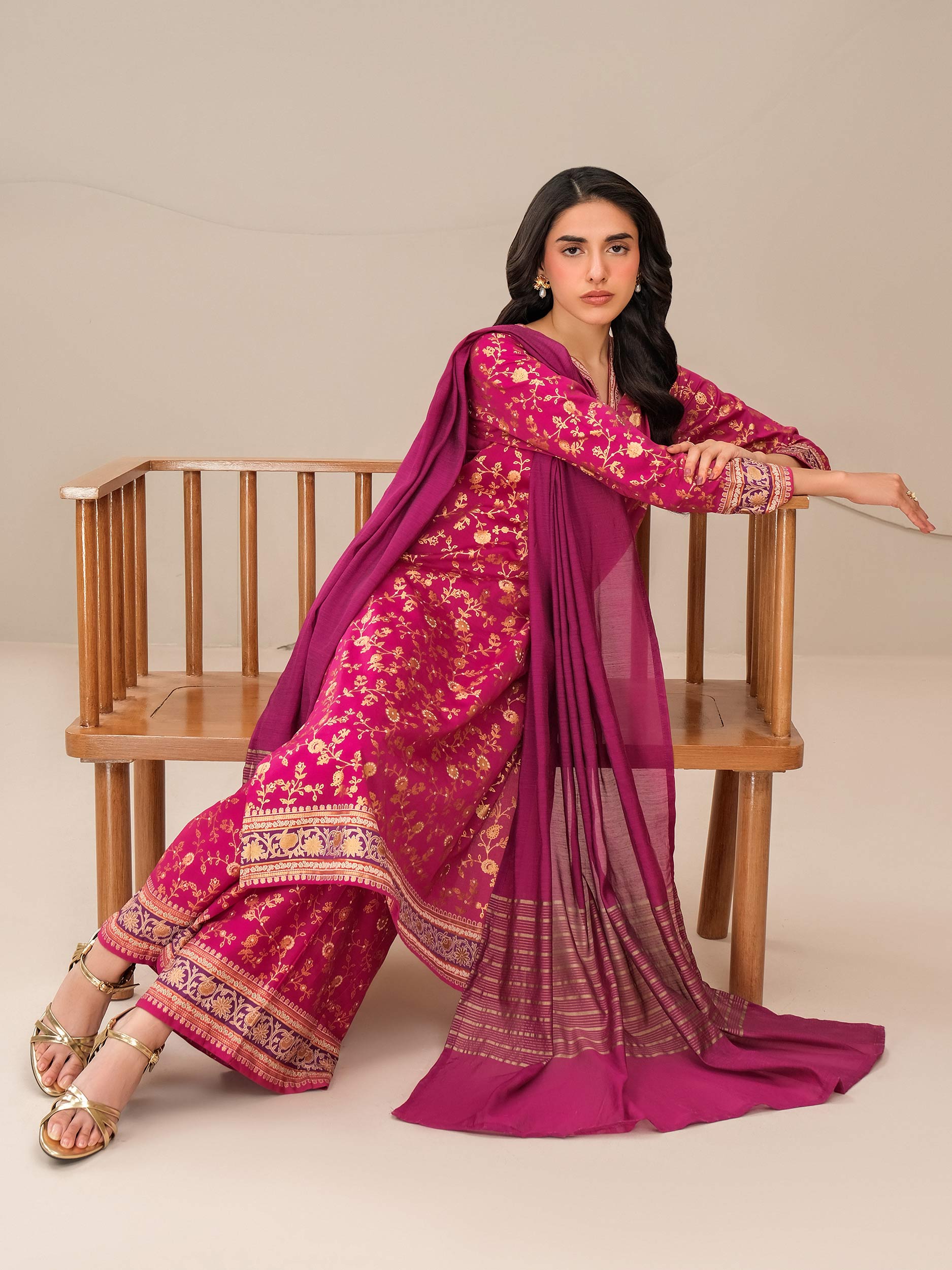 3 Piece Satin Suit-Paste Print (Unstitched)