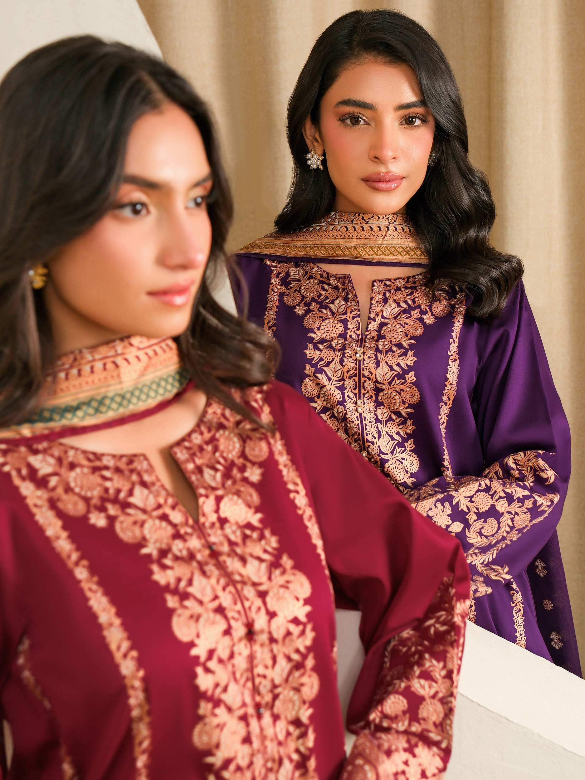 3 Piece Satin Suit-Paste Print (Unstitched)