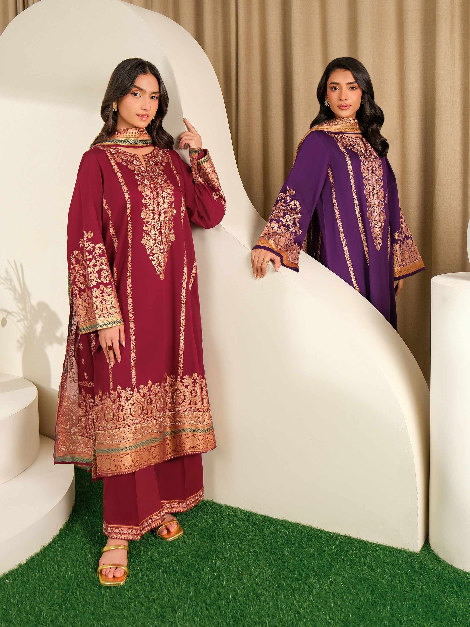 3 Piece Satin Suit-Paste Print (Unstitched)