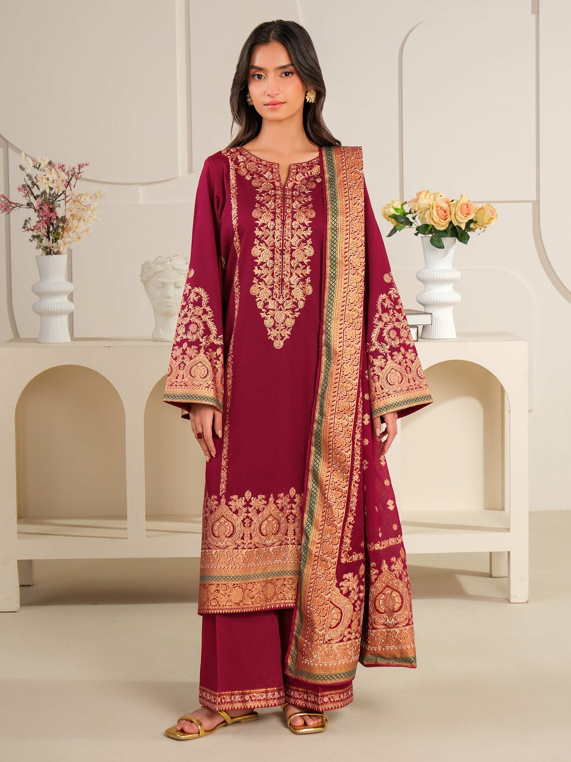 3 Piece Satin Suit-Paste Print (Unstitched)