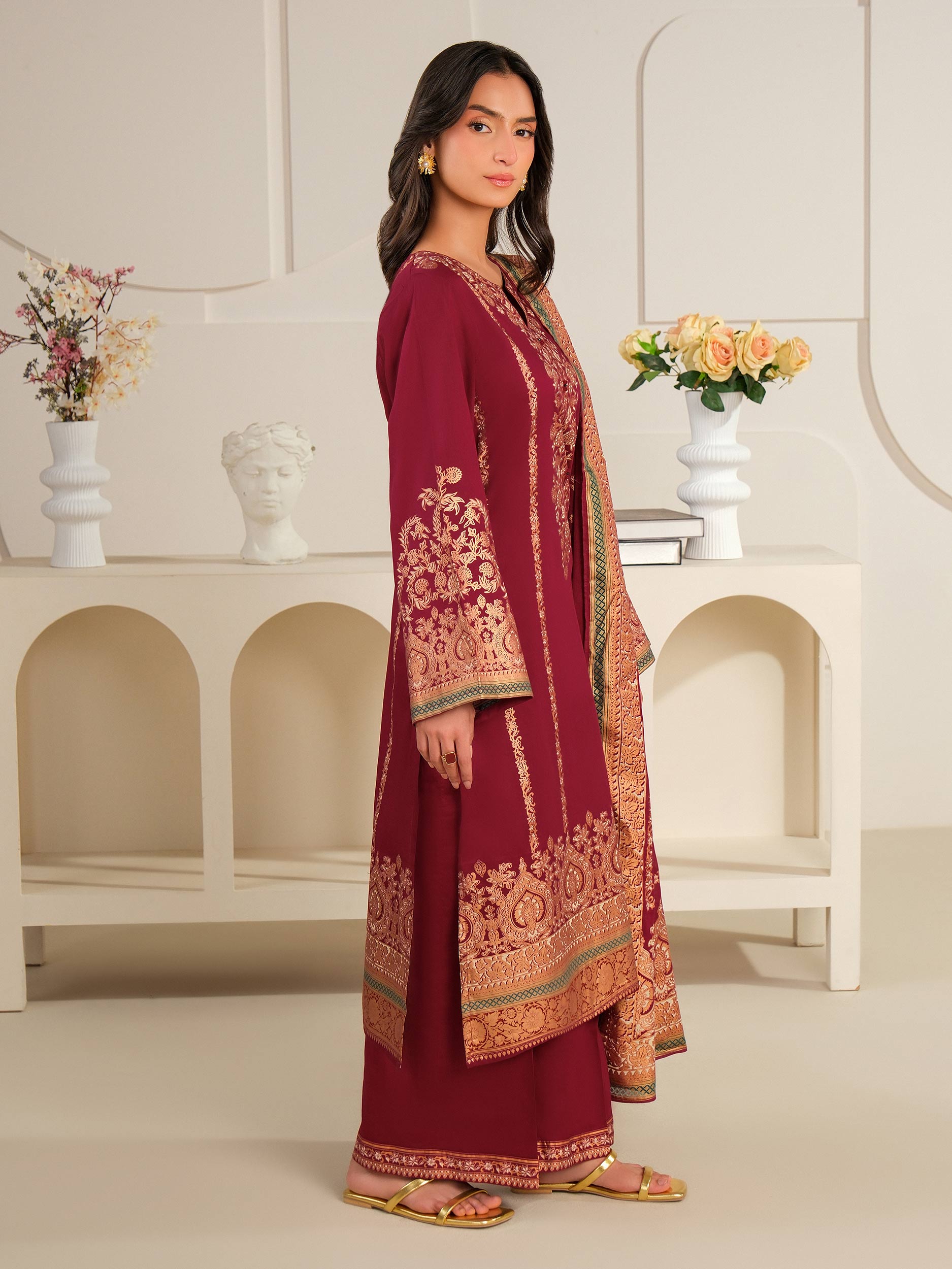 3 Piece Satin Suit-Paste Print (Unstitched)