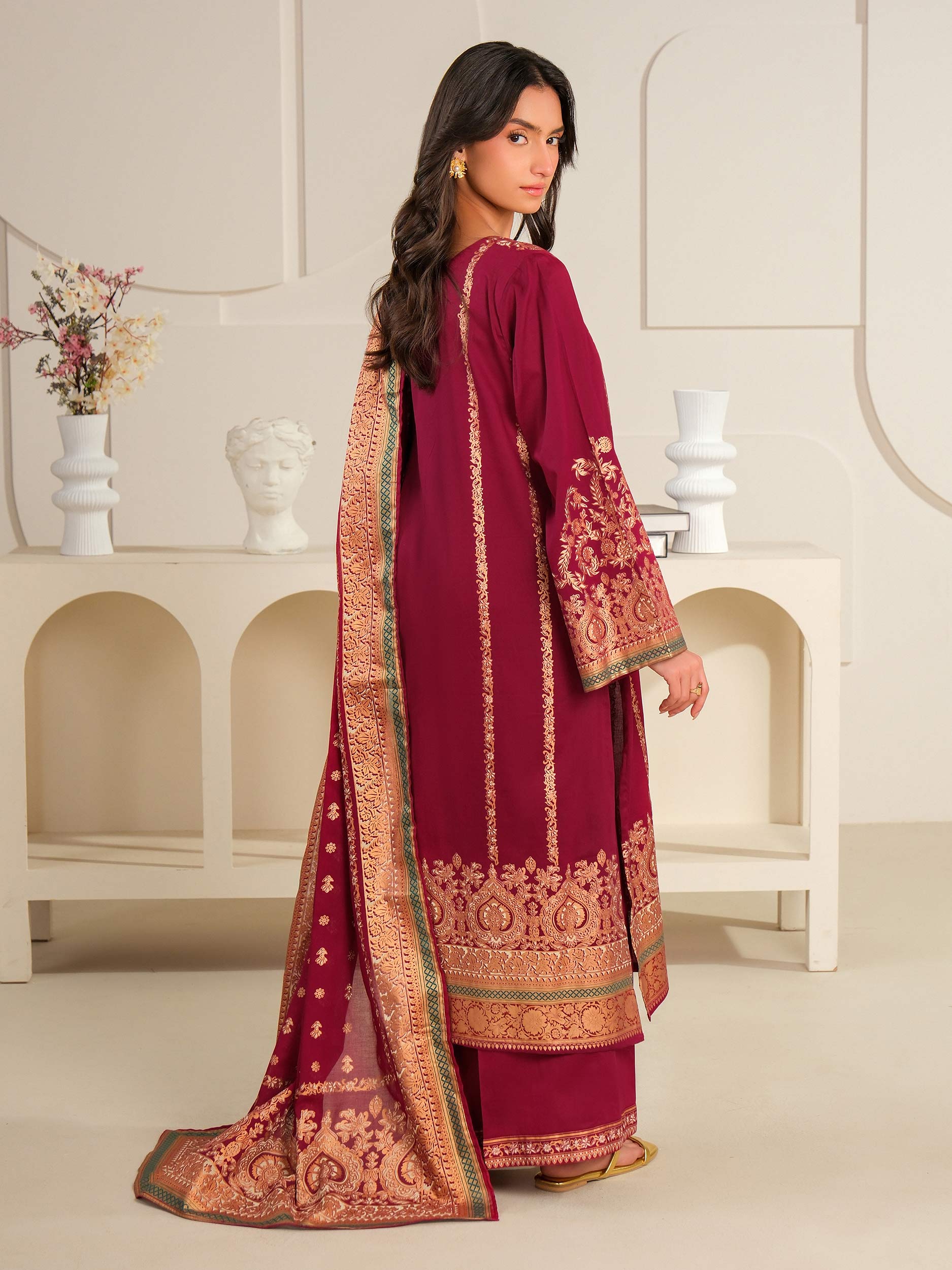 3 Piece Satin Suit-Paste Print (Unstitched)
