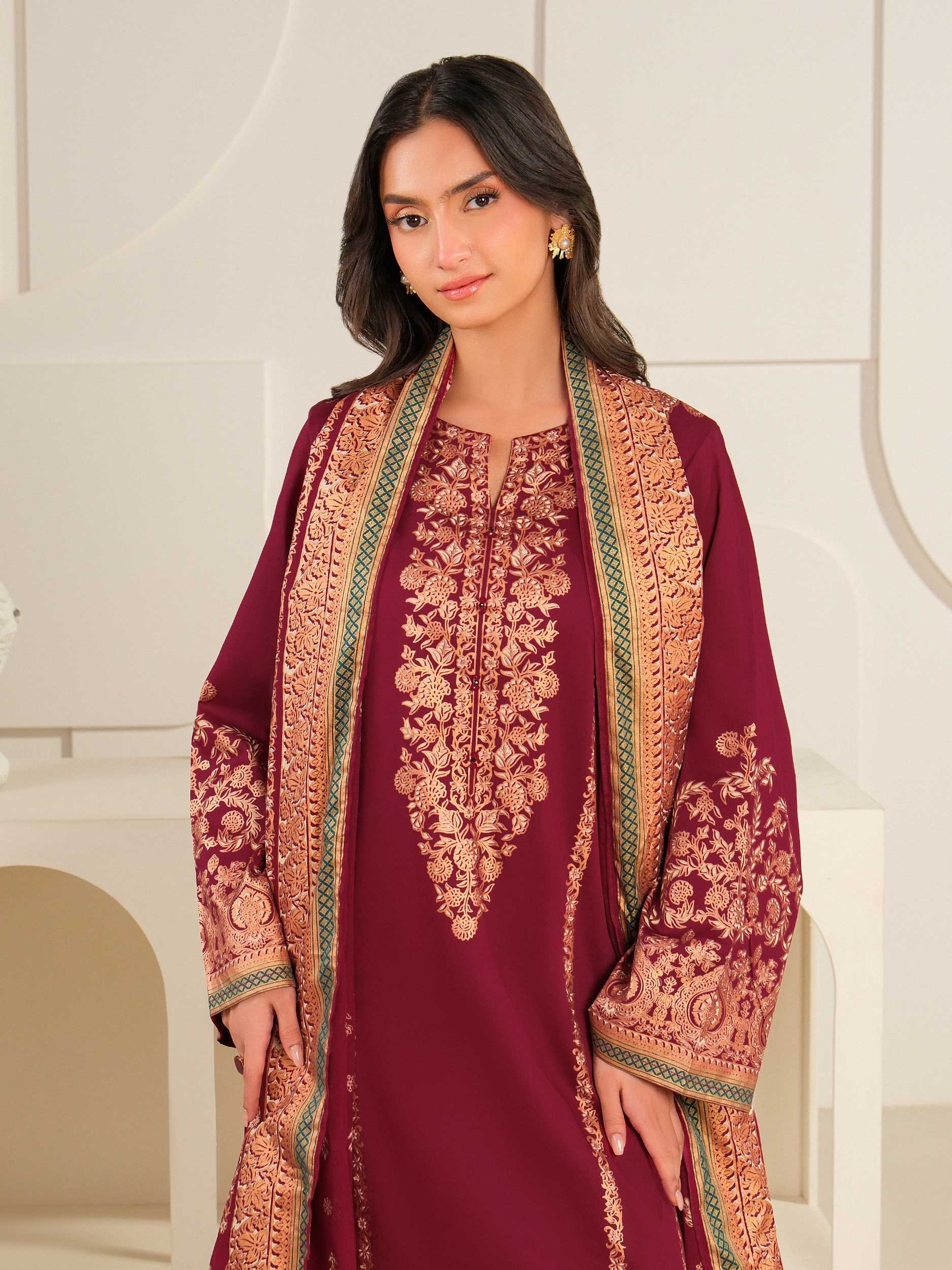 3 Piece Satin Suit-Paste Print (Unstitched)