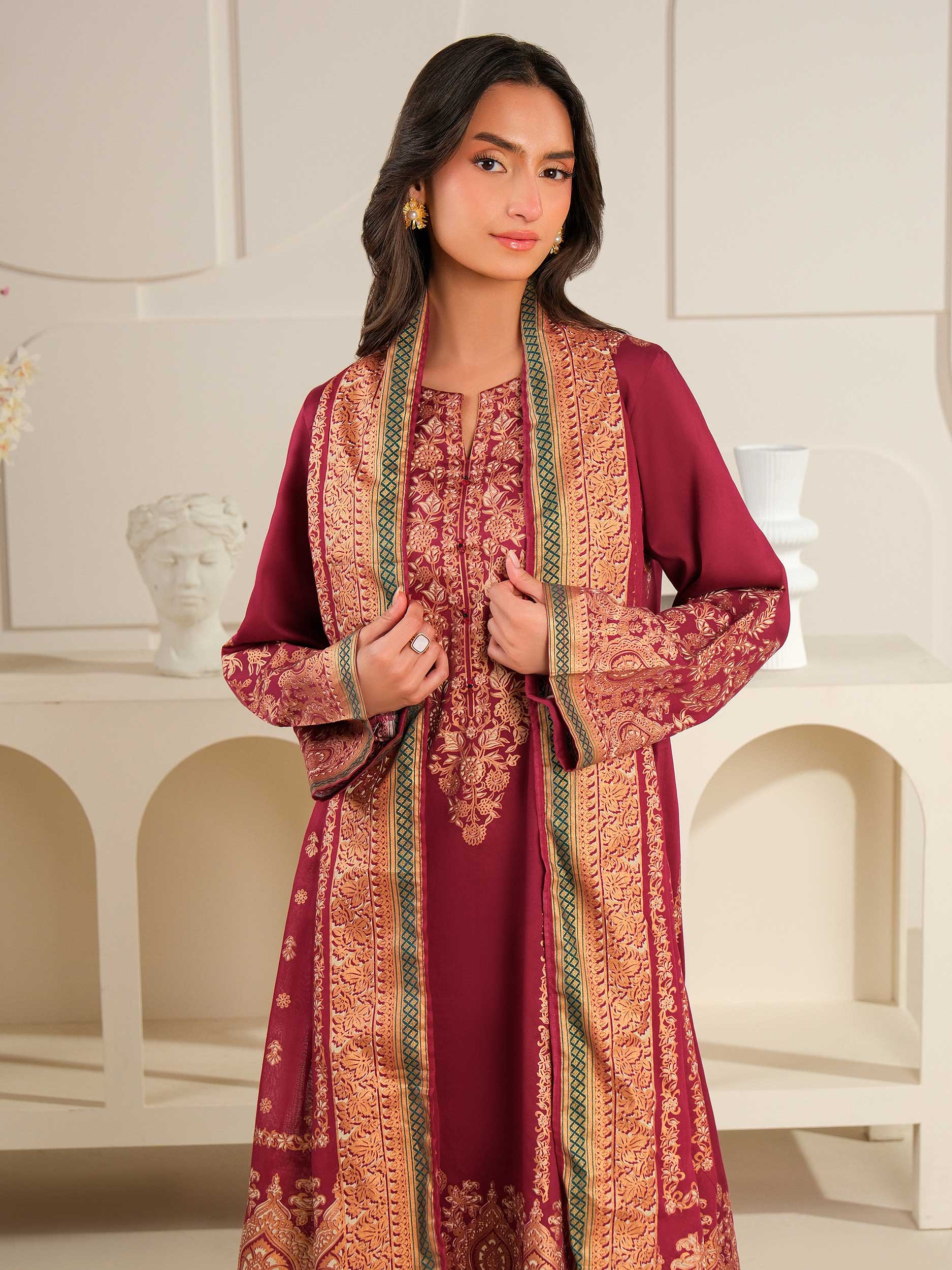 3 Piece Satin Suit-Paste Print (Unstitched)