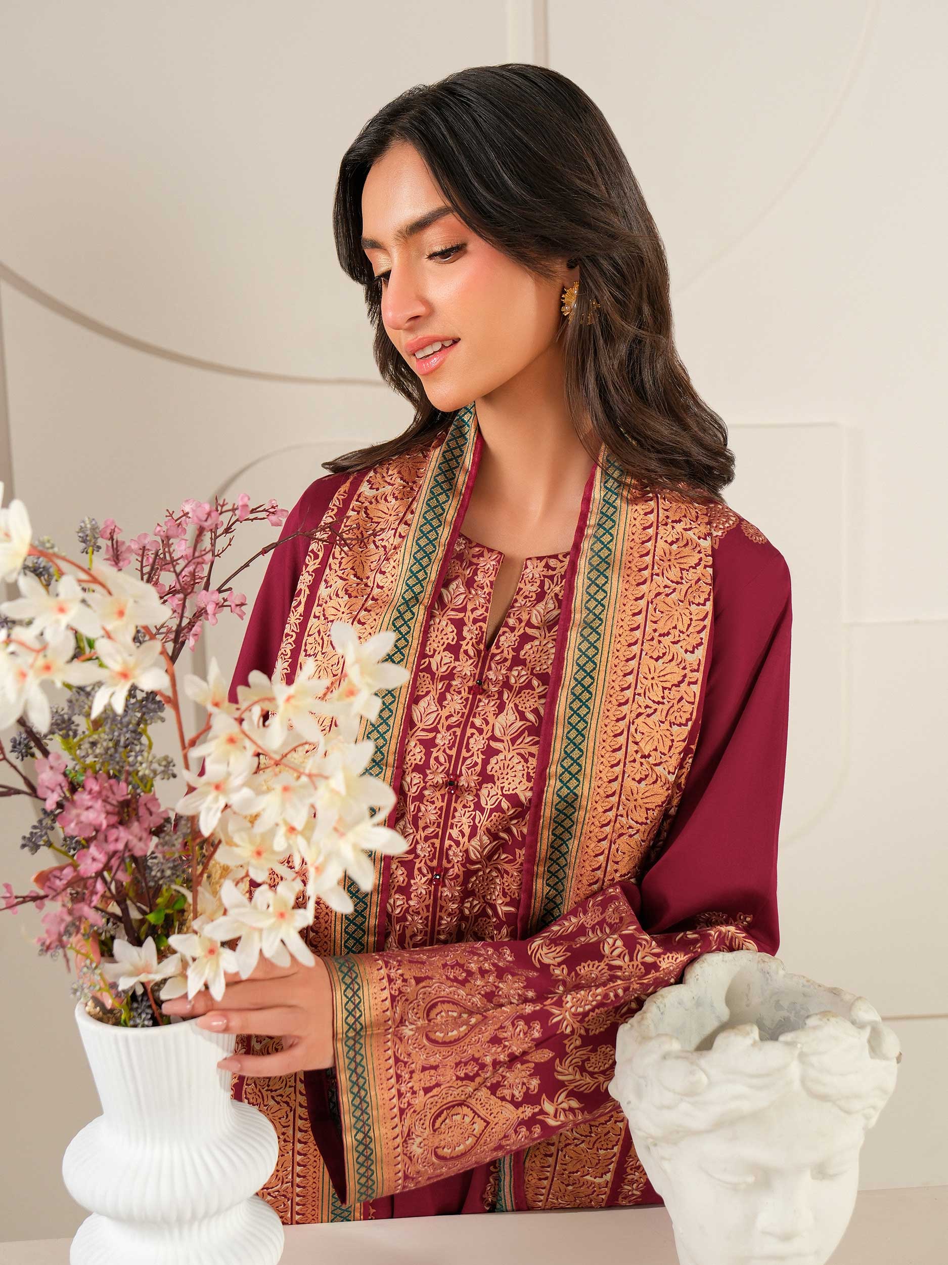 3 Piece Satin Suit-Paste Print (Unstitched)