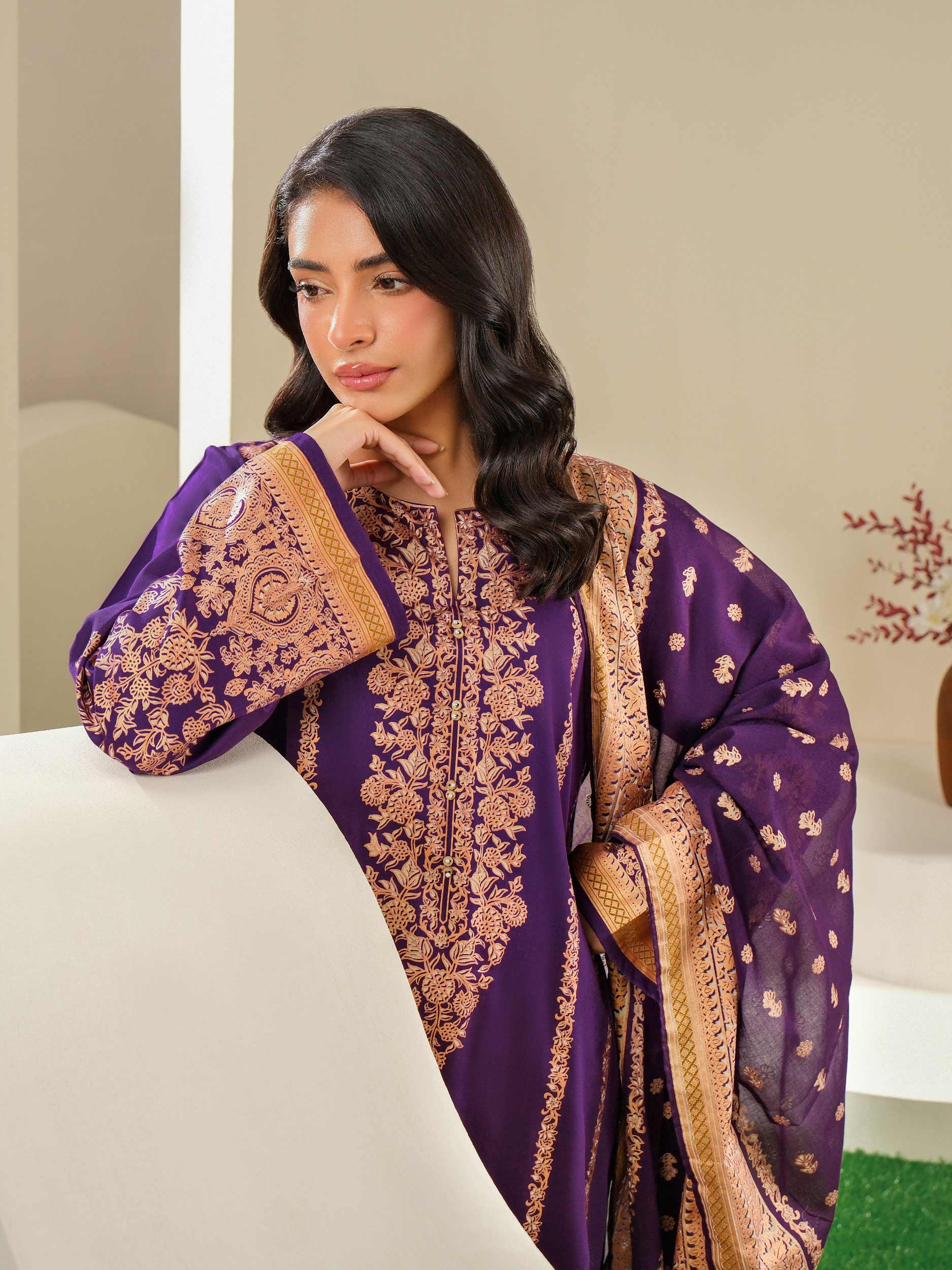 3 Piece Satin Suit-Paste Print (Unstitched)