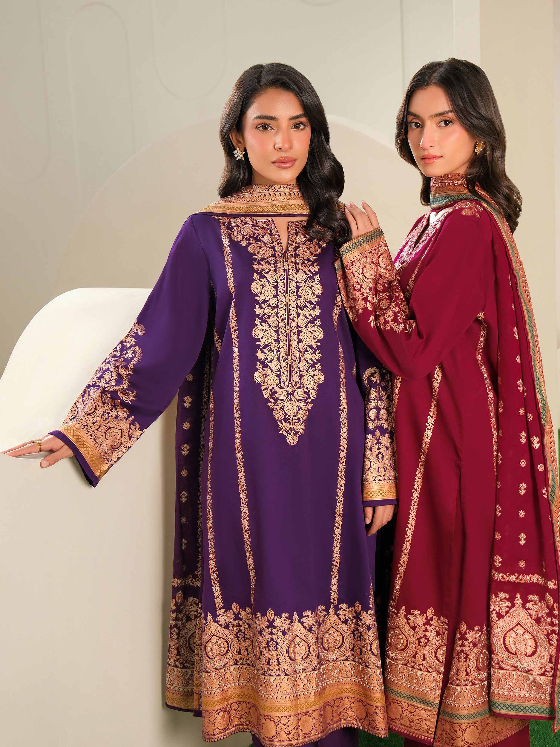 3 Piece Satin Suit-Paste Print (Unstitched)