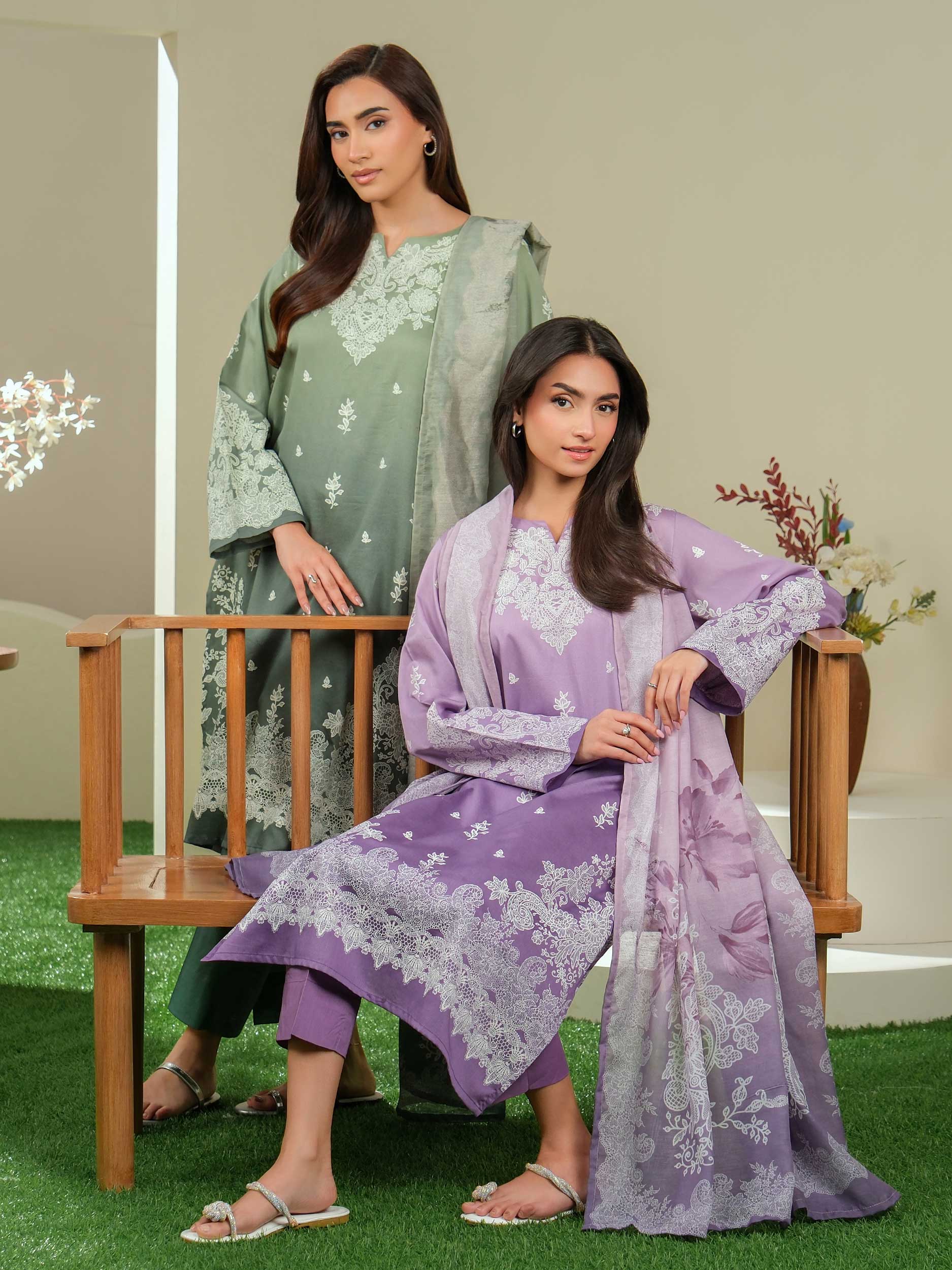 3 Piece Satin Suit-Paste Print (Unstitched)