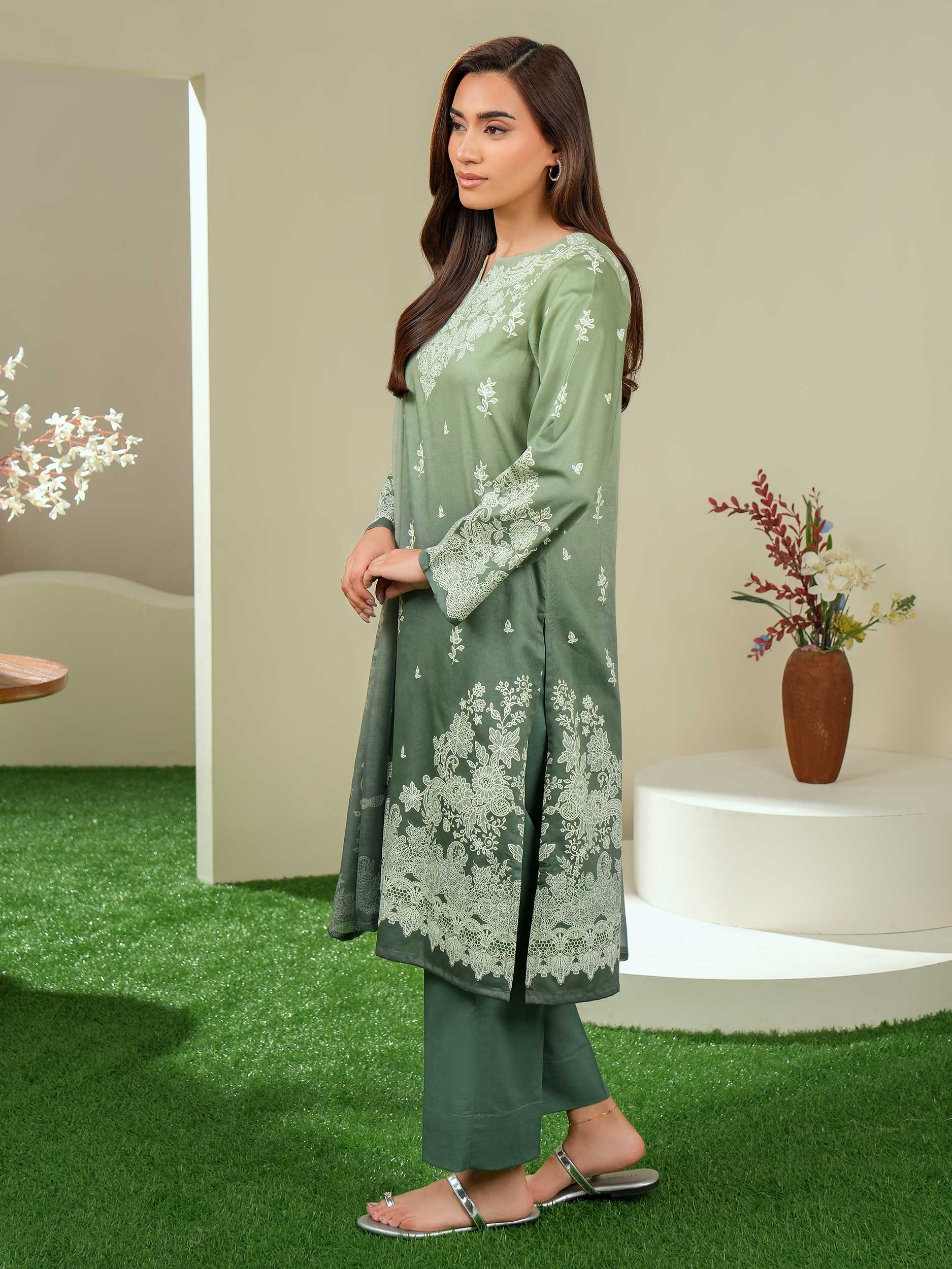 3 Piece Satin Suit-Paste Print (Unstitched)