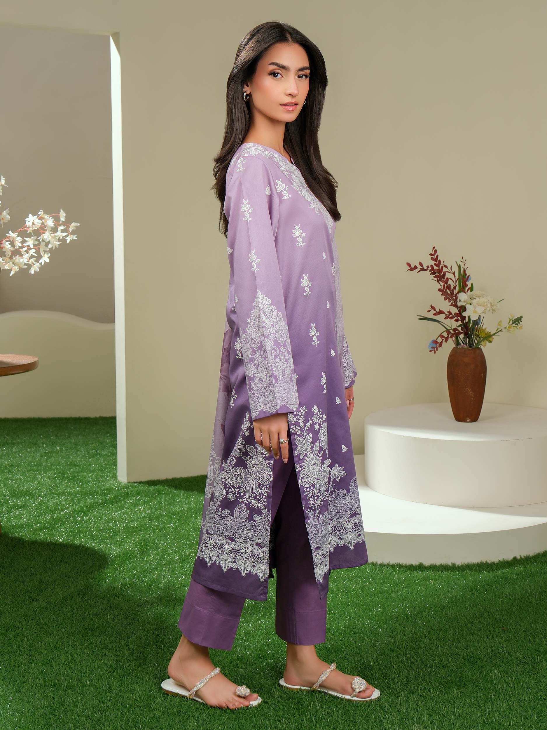 3 Piece Satin Suit-Paste Print (Unstitched)
