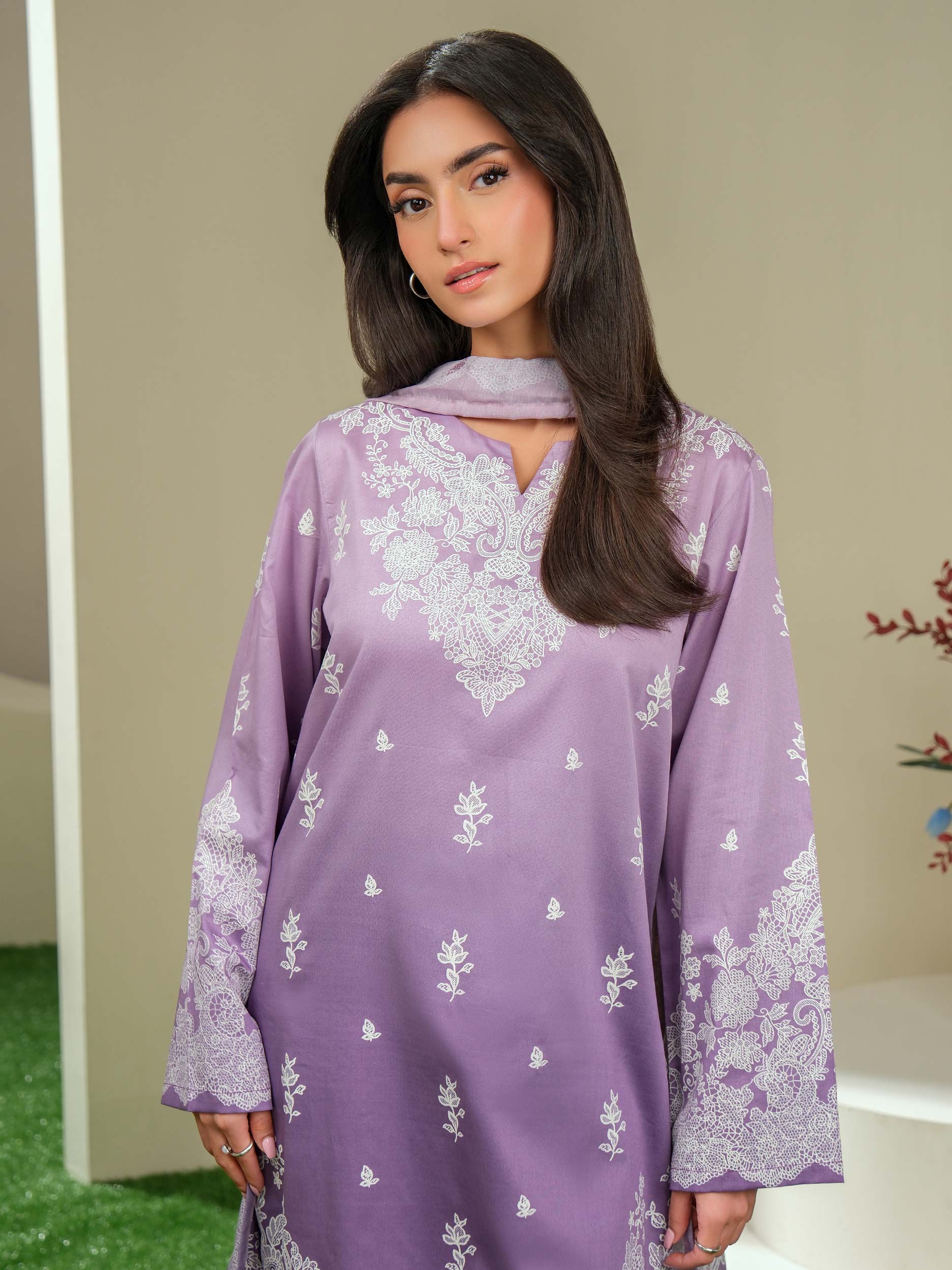 3 Piece Satin Suit-Paste Print (Unstitched)