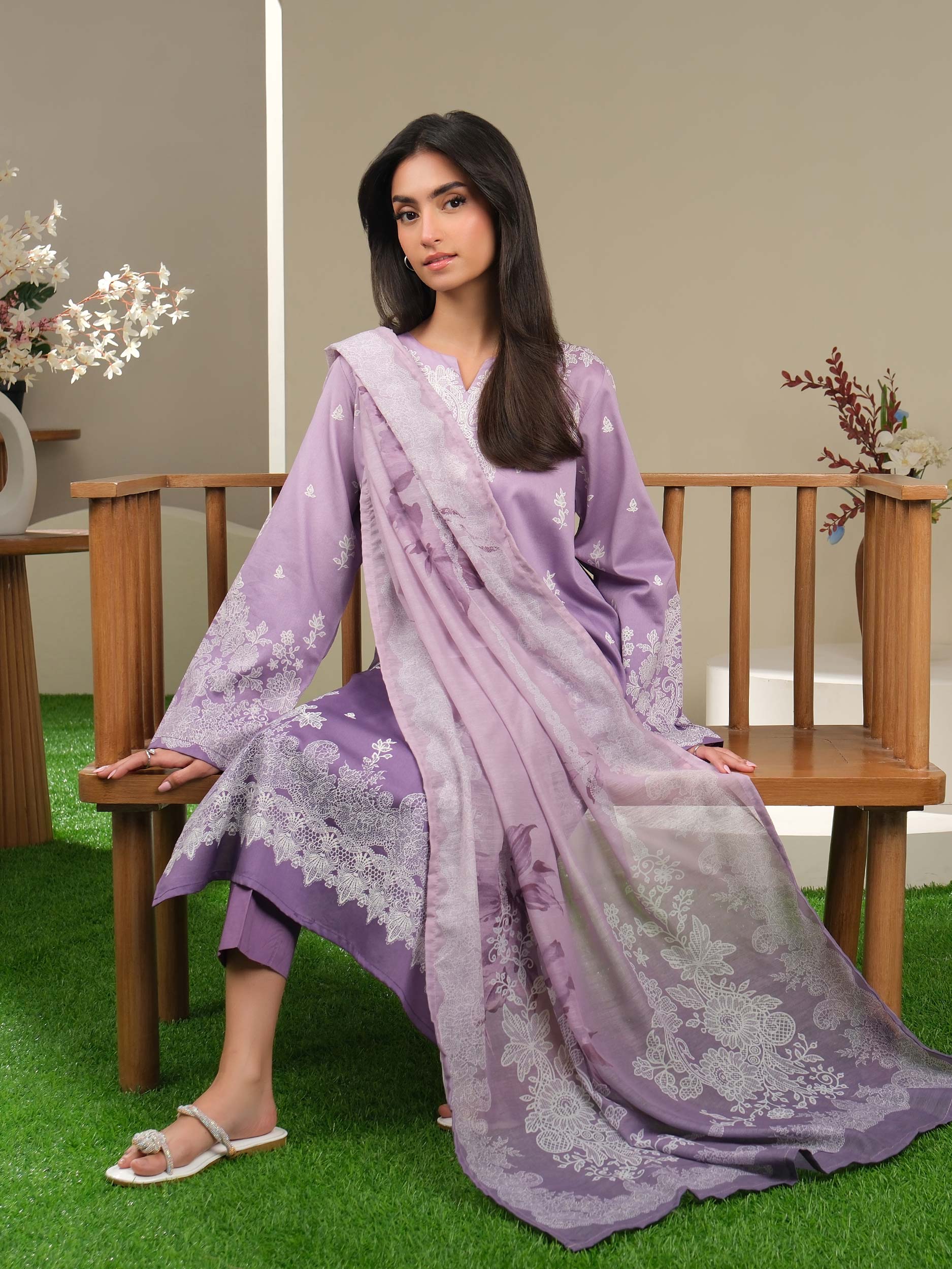 3 Piece Satin Suit-Paste Print (Unstitched)