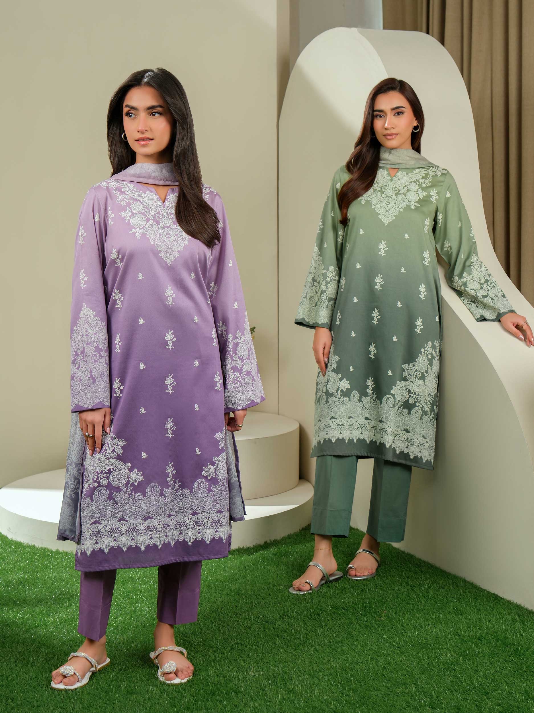 3 Piece Satin Suit-Paste Print (Unstitched)